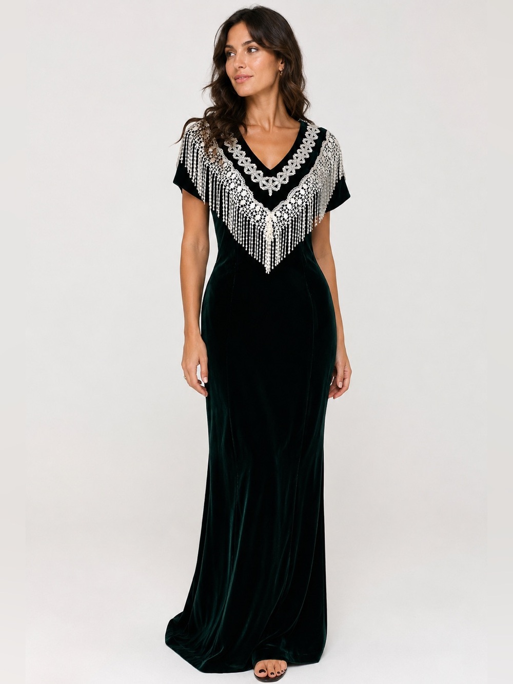 Vintage 80s Nu-Mode Dark Green Velvet Lace Fringe Maxi Formal Dress 7/8 Small